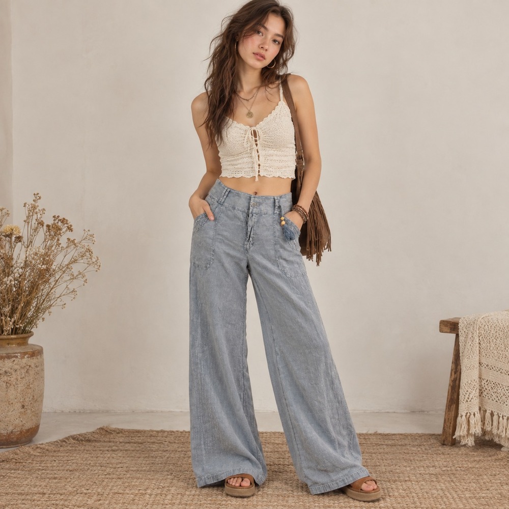 Blanco Smocked High Rise Women's Wide Leg Pants Blue Cotton Boho Size Large